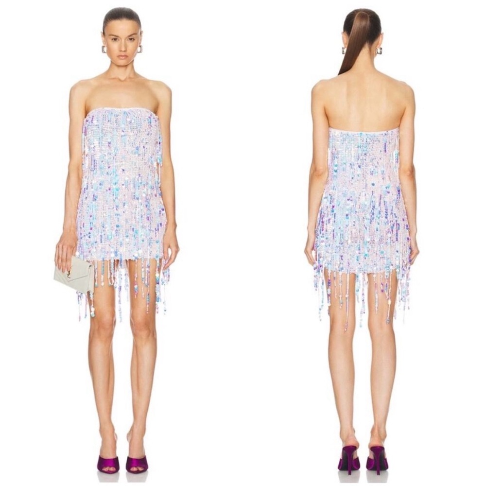Retrofete Strapless Sequin Fringe Mini Dress in Iridescent Lilac and Blue - Picture 2 of 12